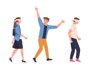 Man and Woman Character Wearing Blindfold Following One Person Trusting Him Vector Set