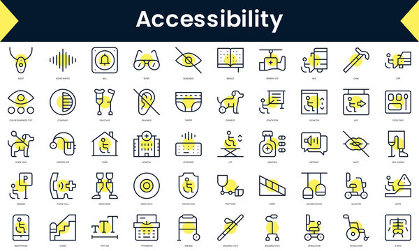 Set Of Thin Line Accessibility Icons. Line Art Icon With Yellow Shadow. Vector Illustration