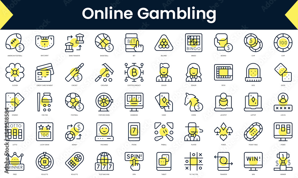 Wall mural set of thin line online gambling icons. line art icon with yellow shadow. vector illustration