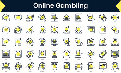 Set of thin line online gambling Icons. Line art icon with Yellow shadow. Vector illustration