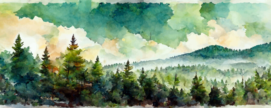 Watercolor painting landscape panorama of pine