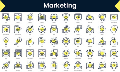 Set of thin line marketing Icons. Line art icon with Yellow shadow. Vector illustration