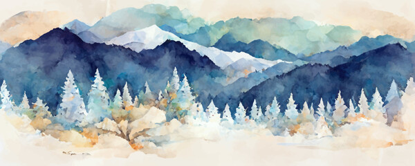 Fototapeta premium Watercolor vector winter landscape with mountains