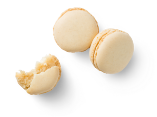 group of three French vanilla macaroons (one of them bitten off / broken), sweet isolated design element, 
top view for your flatlay scenes