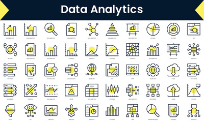 Set of thin line data analytics Icons. Line art icon with Yellow shadow. Vector illustration