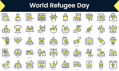 Set of thin line world refugee day Icons. Line art icon with Yellow shadow. Vector illustration