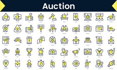Set of thin line auction Icons. Line art icon with Yellow shadow. Vector illustration - obrazy, fototapety, plakaty