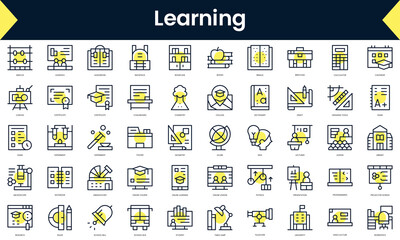 Set of thin line learning Icons. Line art icon with Yellow shadow. Vector illustration