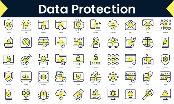 Set Of Thin Line Data Protection Icons. Line Art Icon With Yellow Shadow. Vector Illustration