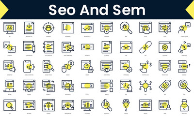 Set of thin line seo and sem Icons. Line art icon with Yellow shadow. Vector illustration