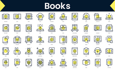 Set of thin line books Icons. Line art icon with Yellow shadow. Vector illustration