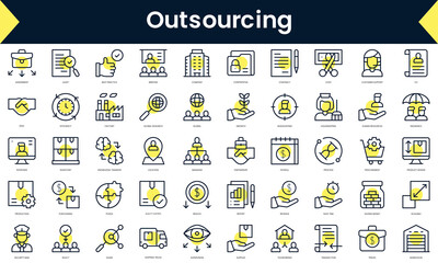 Set of thin line outsourcing Icons. Line art icon with Yellow shadow. Vector illustration