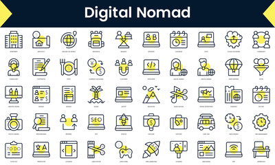 Set of thin line digital nomad Icons. Line art icon with Yellow shadow. Vector illustration