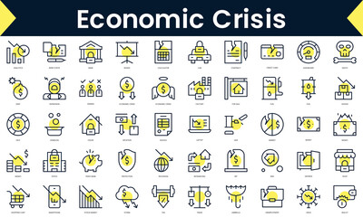 Fototapeta na wymiar Set of thin line economic crisis Icons. Line art icon with Yellow shadow. Vector illustration