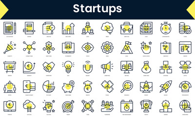 Set of thin line startups Icons. Line art icon with Yellow shadow. Vector illustration
