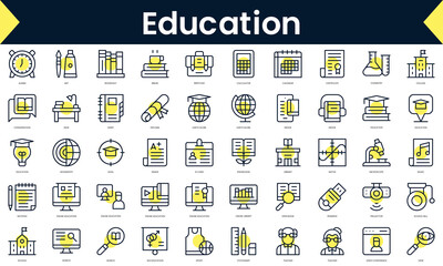 Set of thin line education Icons. Line art icon with Yellow shadow. Vector illustration