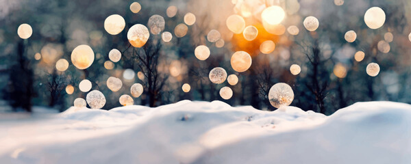 Fototapeta na wymiar Winter Landscape with Snowflakes and Bright Bokeh