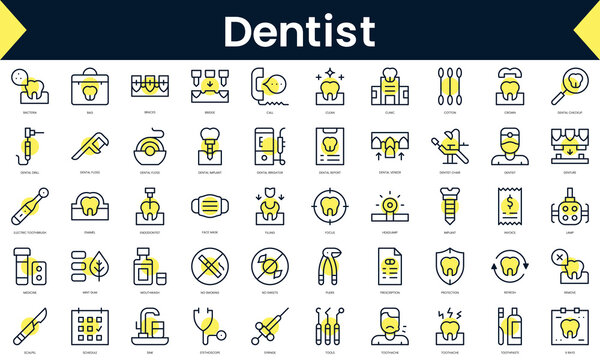 Set of thin line dentist Icons. Line art icon with Yellow shadow. Vector illustration