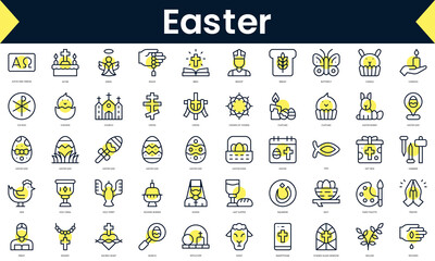 Set of thin line easter Icons. Line art icon with Yellow shadow. Vector illustration