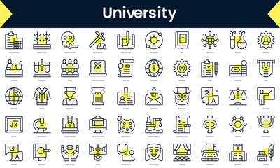 Set of thin line university Icons. Line art icon with Yellow shadow. Vector illustration