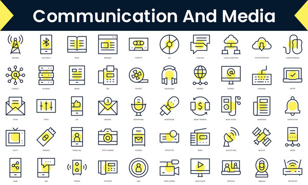 Set of thin line communication and media Icons. Line art icon with Yellow shadow. Vector illustration