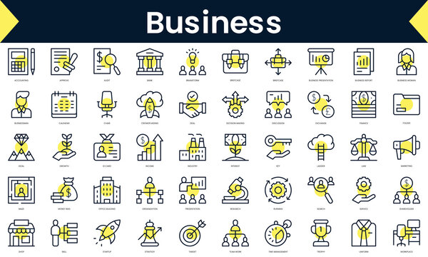 Set of thin line business Icons. Line art icon with Yellow shadow. Vector illustration