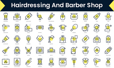 Set of thin line hairdressing and barber shop Icons. Line art icon with Yellow shadow. Vector illustration