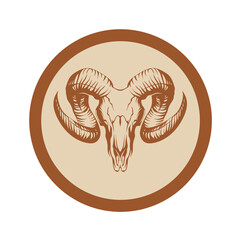 Emblem with a goat skull on a beige background. Skull with horns.