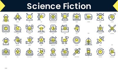 Set of thin line science fiction Icons. Line art icon with Yellow shadow. Vector illustration