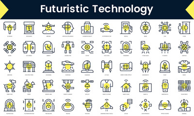 Set of thin line futuristic technology Icons. Line art icon with Yellow shadow. Vector illustration