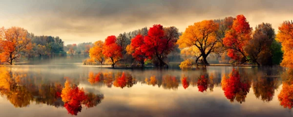 Fototapeten Beautiful colored trees with lake in autumn landscape © Oleksii
