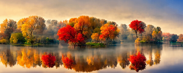 Beautiful colored trees with lake in autumn landscape