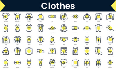 Set of thin line clothes Icons. Line art icon with Yellow shadow. Vector illustration