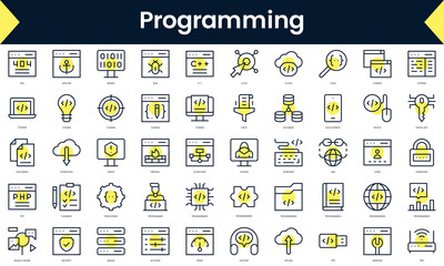 Set of thin line programming Icons. Line art icon with Yellow shadow. Vector illustration