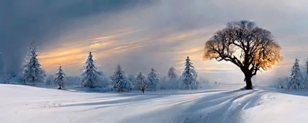 Fotobehang Beautiful tree in winter landscape in late evening © Oleksii