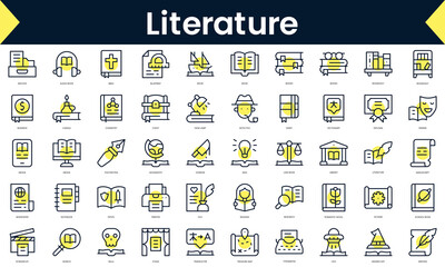 Set of thin line literature Icons. Line art icon with Yellow shadow. Vector illustration