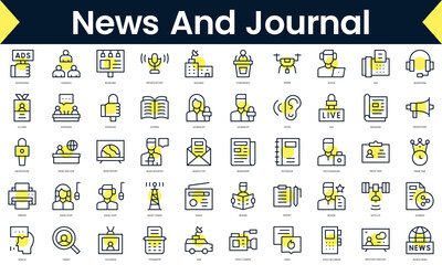Set of thin line news and journal Icons. Line art icon with Yellow shadow. Vector illustration