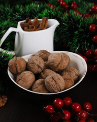 Walnuts on the Christmas table, New Year. close-up