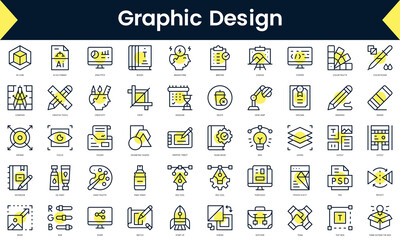 Set of thin line graphic design Icons. Line art icon with Yellow shadow. Vector illustration