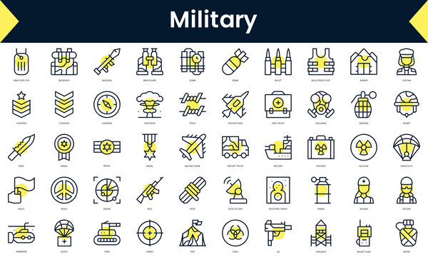 Set of thin line military Icons. Line art icon with Yellow shadow. Vector illustration