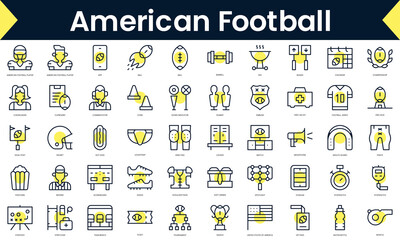Set of thin line american football Icons. Line art icon with Yellow shadow. Vector illustration