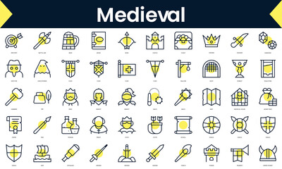 Set of thin line medieval Icons. Line art icon with Yellow shadow. Vector illustration