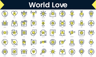 Set of thin line world love Icons. Line art icon with Yellow shadow. Vector illustration
