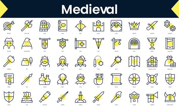 Set of thin line medieval Icons. Line art icon with Yellow shadow. Vector illustration