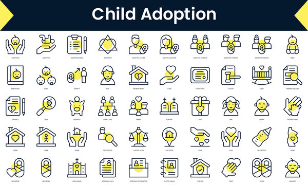 Set of thin line child adoption Icons. Line art icon with Yellow shadow. Vector illustration
