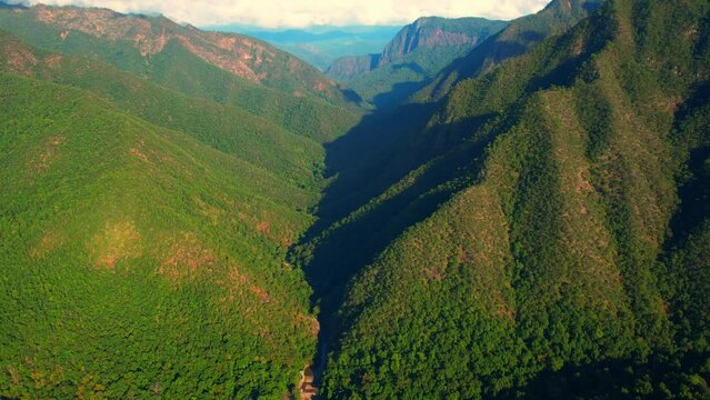Drone flying over the "Pha Bong" viewpoint valley, a tourist and famous attraction in Mae Hong Son Province, Northern Thailand. geology of tropical forests. Nature and tourism concept. footage in 4k.
