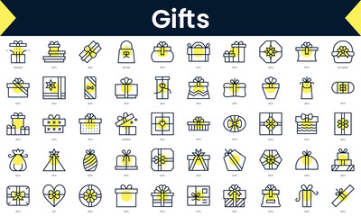 Set of thin line gifts Icons. Line art icon with Yellow shadow. Vector illustration