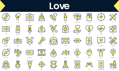 Set of thin line love Icons. Line art icon with Yellow shadow. Vector illustration