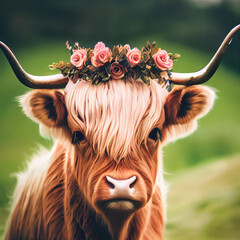 Image of Highland cow illustrated portrait, painting, wearing floral crown, ai assisted printed on Printed Glass Splashbacks