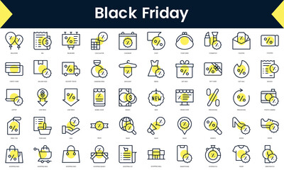 Set of thin line black friday Icons. Line art icon with Yellow shadow. Vector illustration